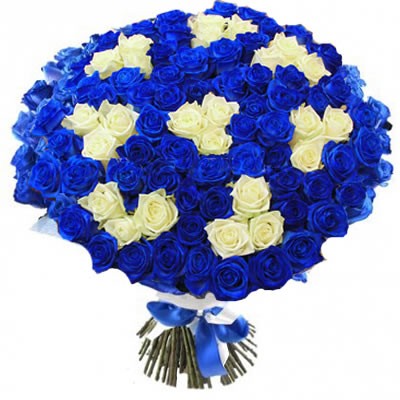 Букет из 101 натуральной  синей  и белой розы " Аваланш" 70-90 см купить в Москве по цене 18000 руб с доставкой - Bella Roza